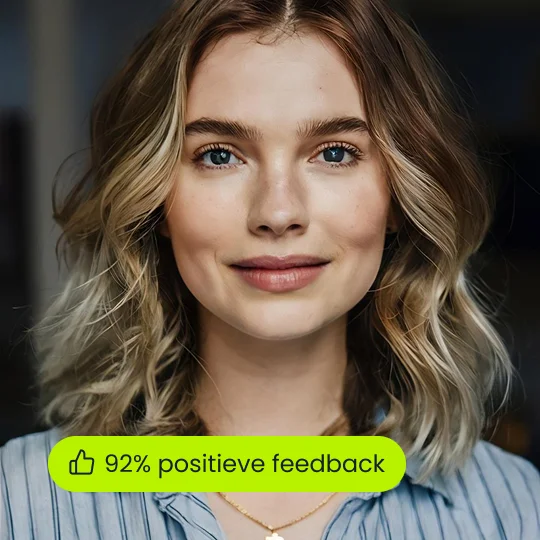 Professioneel portret van een jonge vrouw met schouderlang blond haar, natuurlijke make-up en zachte belichting tegen een wazige binnenachtergrond.